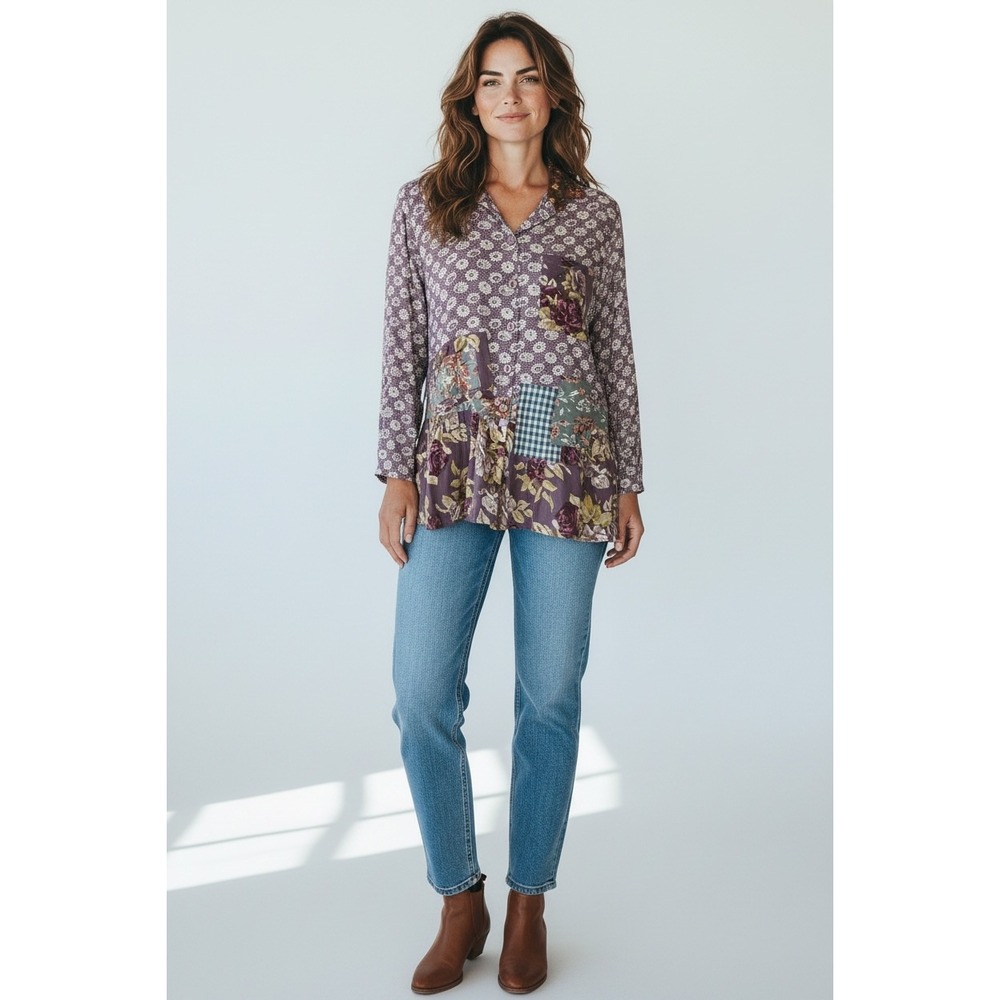 April Cornell Purple Floral Patchwork Tunic Blouse Long Sleeve Peplum Top Boho S